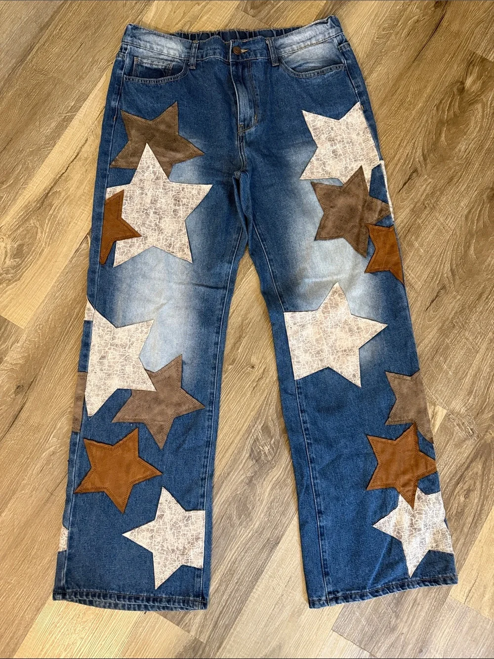 Oli & Hali Blue Jeans with Brown and Cream Star Patches